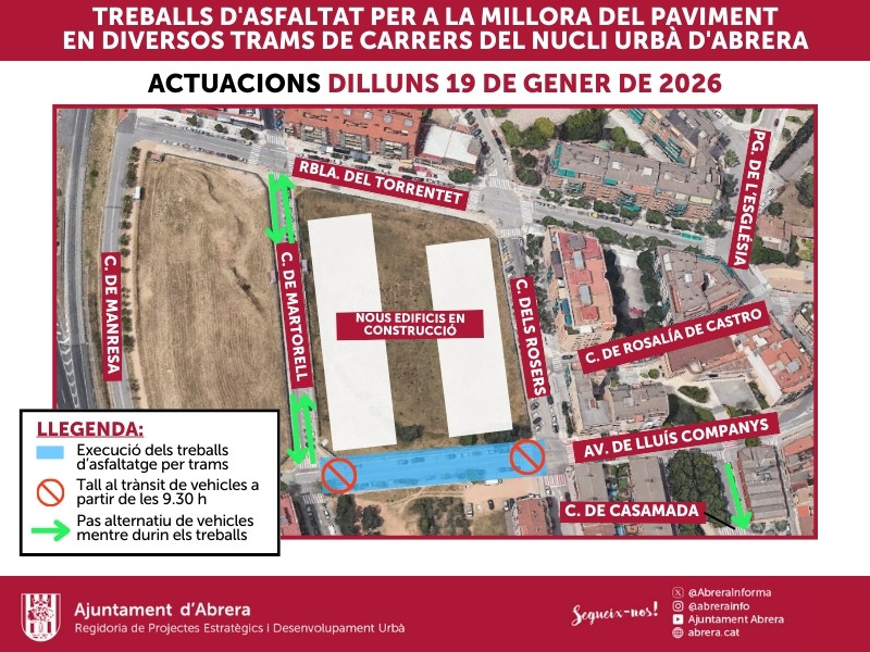 Del dimecres 14 al dilluns 19 de gener de 2026, es duran a terme treballs de millora i d'asfaltat en diversos trams de carrers del nucli urbà d'Abrera - dilluns 19.01.26