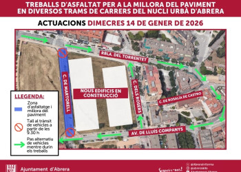 Del dimecres 14 al dilluns 19 de gener de 2026, es duran a terme treballs de millora i d'asfaltat en diversos trams de carrers del nucli urbà d'Abrera - dimecres 14.01.26