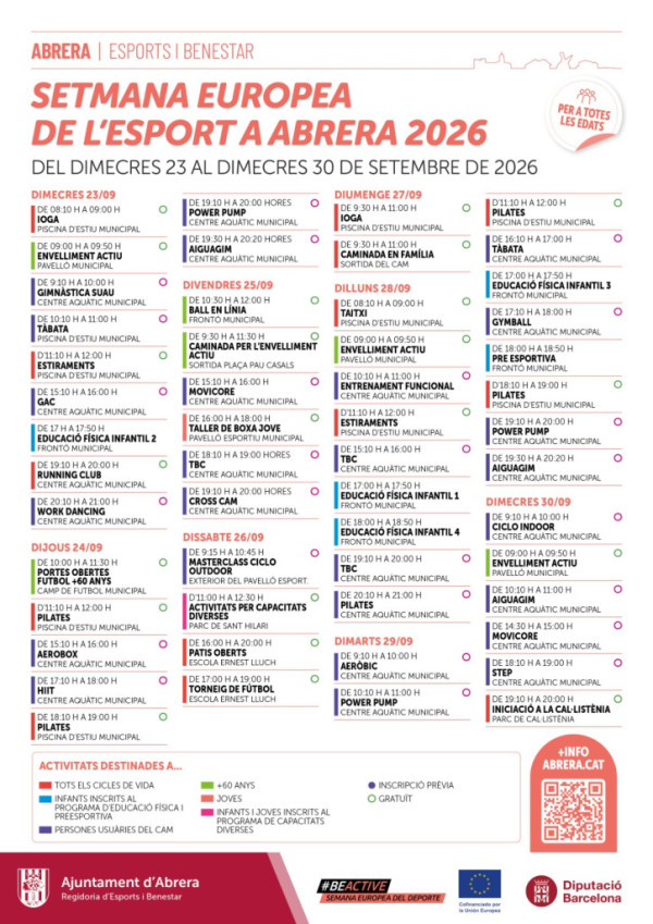 A Abrera ens movem i fem esport! Del 23 al 30 de setembre celebrarem la Setmana Europea de l’Esport amb activitats per a totes les edats