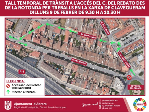 Tall temporal de trànsit a l'accés del c. del Rebato des de la rotonda per treballs en la xarxa de clavagueram