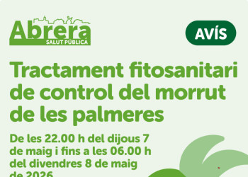 Cuidem les palmeres del nostre municipi amb un nou tractament fitosanitari, que durem a terme de les 22.00 h del dijous 7 de maig i fins a les 06.00 h del divendres 8 de maig de 2026