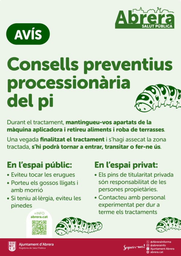 Dijous 16 i divendres 17 d'octubre, de 7:00 h a 17.00 h, durem a terme el control fitosanitari de la processionària del pi als terrenys municipals