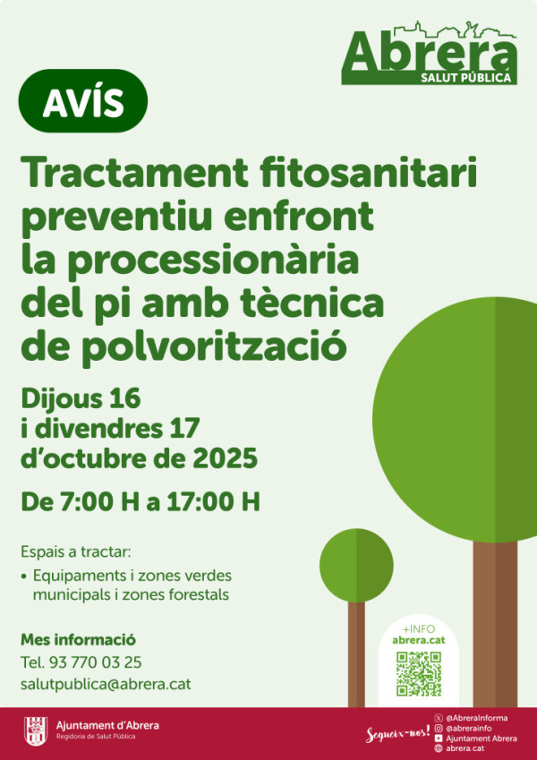Dijous 16 i divendres 17 d'octubre, de 7:00 h a 17.00 h, durem a terme el control fitosanitari de la processionària del pi als terrenys municipals