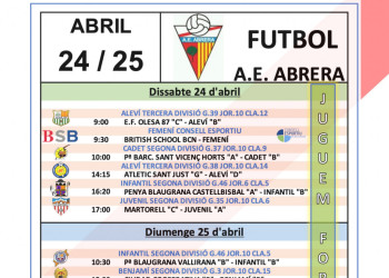 Calendari partits de l'Agrupació Esportiva Abrera fora de casa del cap de setmana del dissabte 24 i diumenge 25 d'abril de 2021