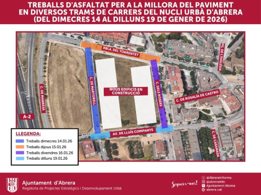 Del dimecres 14 al dilluns 19 de gener de 2026, es duran a terme treballs de millora i d'asfaltat en diversos trams de carrers del nucli urbà d'Abrera - plànol genèric
