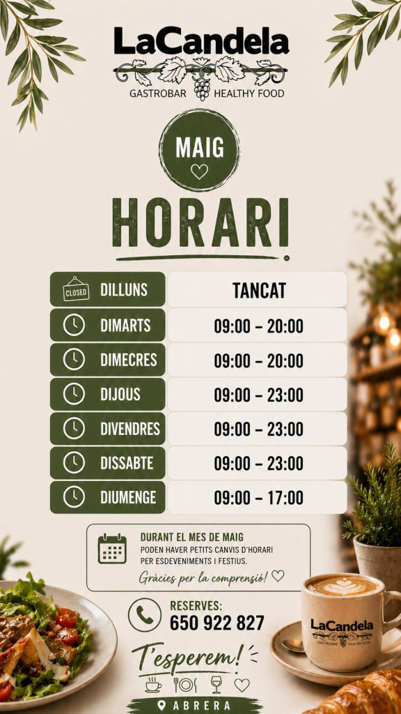 Aquest divendres 1 de maig s'inaugura el Candela Gastrobar, el nou espai gastronòmic de la Piscina Municipal d'Estiu d'Abrera, a partir de les 18 h. Us hi esperem! - Horaris