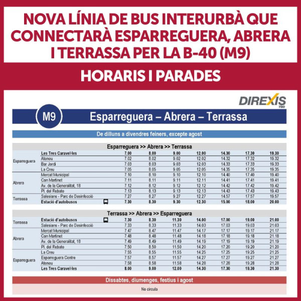 Nova línia de bus interurbà M9. Parades i horaris