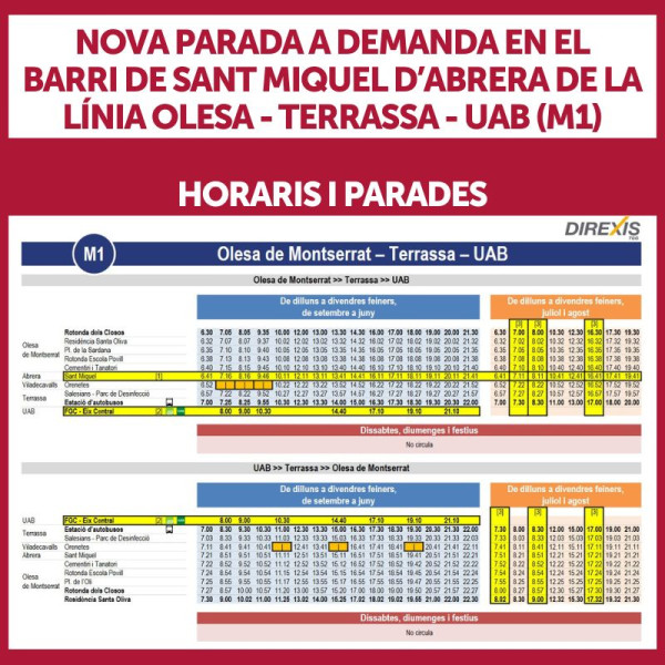 Nova parada a demanda en el barri de Sant Miquel d'Abrera de la línia M1. Horaris