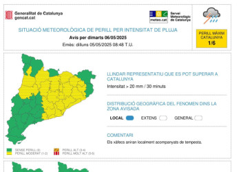 Previsió de pluges intenses, dilluns 5 i dimarts 6 de maig