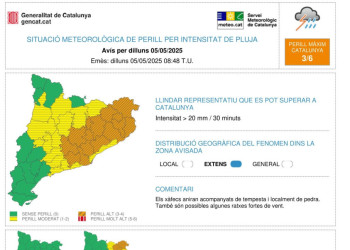 Previsió de pluges intenses, dilluns 5 i dimarts 6 de maig