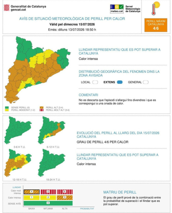 Avís de calor pel dimecres 15 de juliol de 2026