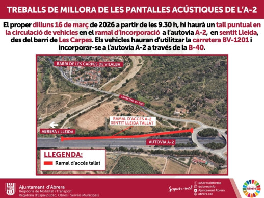 Tall puntual del ramal d’incorporació a l’autovia A-2 en sentit Lleida, des del barri de Les Carpes d’Abrera, per treballs de millora de les pantalles acústiques, aquest proper dilluns 16 de març