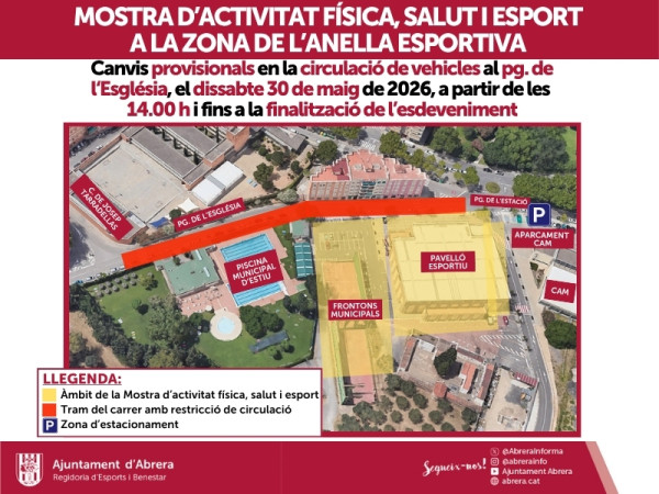 Canvi provisional de la circulació de vehicles en el passeig de l'Església amb motiu de la Mostra Local d'Activitat Física, Salut i Esport 2026