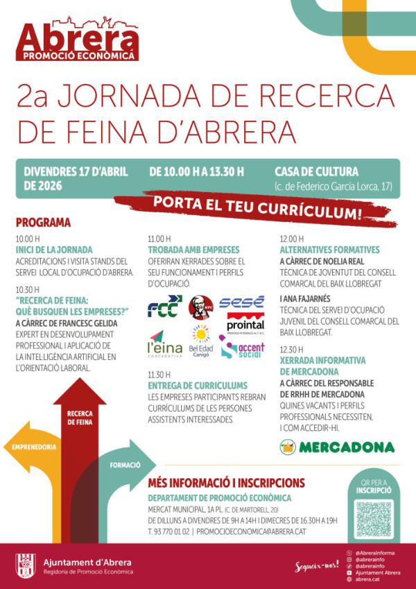 Abrera amb l'ocupació local i amb les empreses! La Casa de Cultura acollirà la 2a Jornada de Recerca de Feina el divendres 17 d’abril, amb xerrades, trobada d'empreses i lliurament de currículums