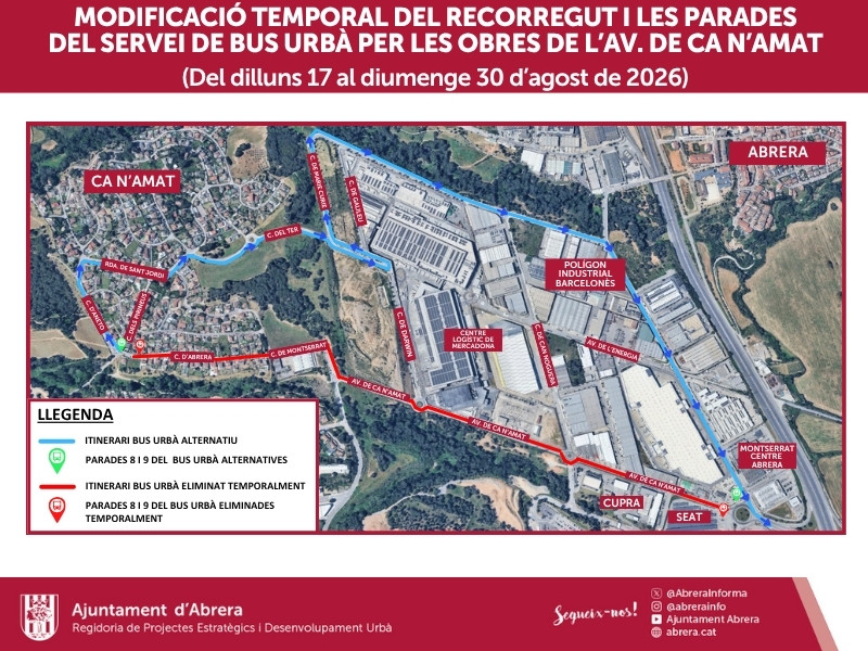 Modificació temporal del recorregut i les parades del servei de bus urbà per les obres de l’av. de Ca n’Amat - AGOST 2026