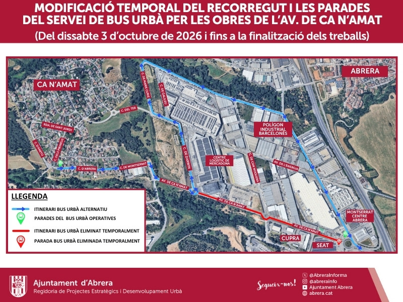 Modificació temporal del servei de Bus Urbà a l'Av. de Ca n'Amat d'Abrera amb recorregut i parades alternatives - Octubre 2026