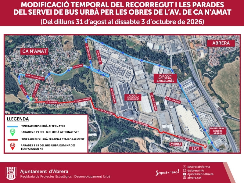 Modificació temporal del servei de Bus Urbà a l'Av. de Ca n'Amat d'Abrera amb recorregut i parades alternatives - Setembre-octubre 2026