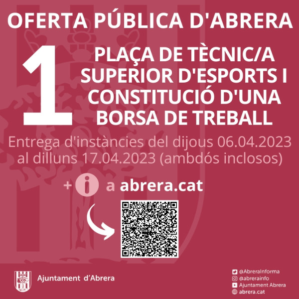 Obert un procés de selecció per cobrir interinament una plaça de Tècnic/a superior d'Esports i constitució d'una borsa de treball