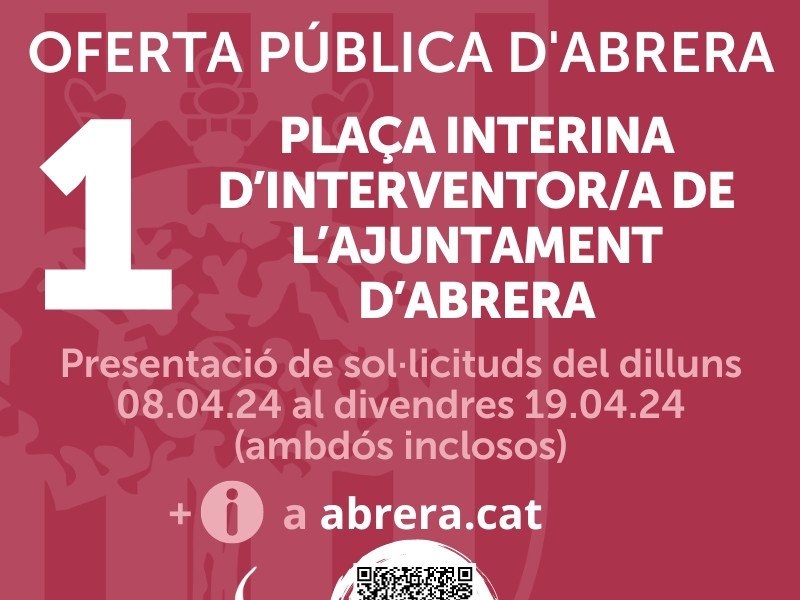 Oferta d'1 plaça interina d'Interventor/a de l'Ajuntament d'Abrera