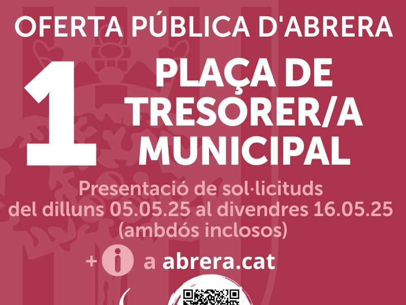 Obrim un procés de selecció per la cobertura amb caràcter interí, pel procediment d'urgència, de la plaça de tresorer/a municipal, amb constitució de borsa