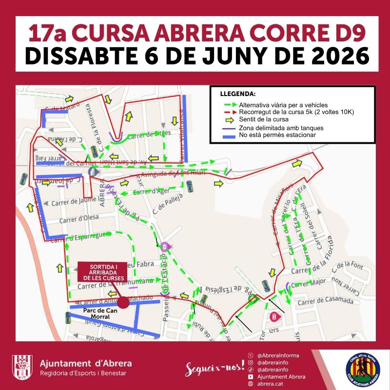 Plànol recorregut 17a Abrera Corre D9 que se celebrarà dissabte 6 de juny de 2026 a la tarda