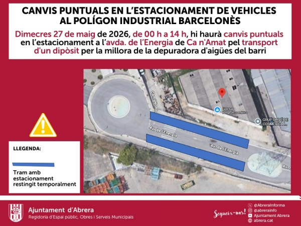 Aquest dimecres 27 de maig tindran lloc canvis puntuals de trànsit en alguns carrers del barri de Ca n'Amat pel transport d'un dipòsit per la millora de la depuradora d'aigües de Ca n'Amat