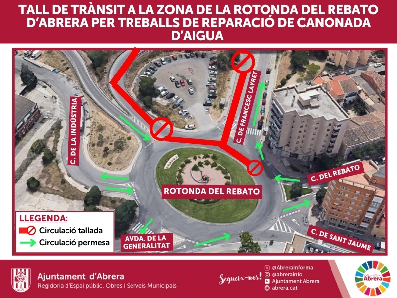 Amb motiu dels treballs de reparació de la canonada general del dipòsit d'aigua que abasteix el barri del Rebato d'Abrera, s'ha procedit al tall puntual del trànsit en diversos punts així com del subministrament d'aigua en diferents carrers