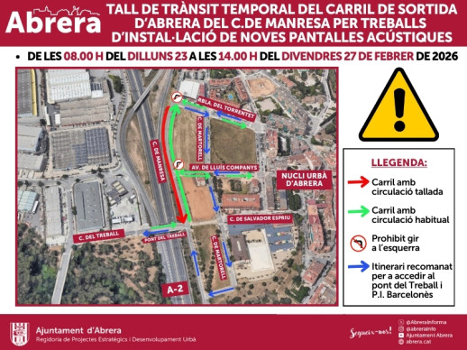 Tall temporal del carril de sortida del carrer de Manresa per obres de pantalles acústiques, del dilluns 23 al divendres 27 de febrer