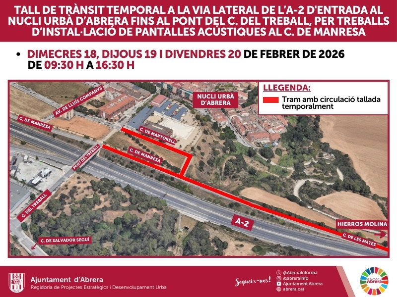 ACTUALITZACIÓ: Tall temporal de trànsit a la via lateral de l'A-2 d'entrada al nucli urbà d'Abrera fins al pont del c. del Treball, per la instal·lació de pantalles acústiques al c.de Manresa