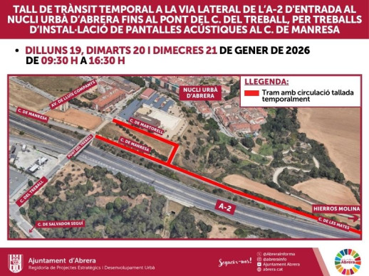 Dilluns 19, dimarts 20 i dimecres 21 de gener, quedarà tallat temporalment l’accés a Abrera des del carrer de les Mates fins al Pont del Treball per les obres d'instal·lació de pantalles acústiques