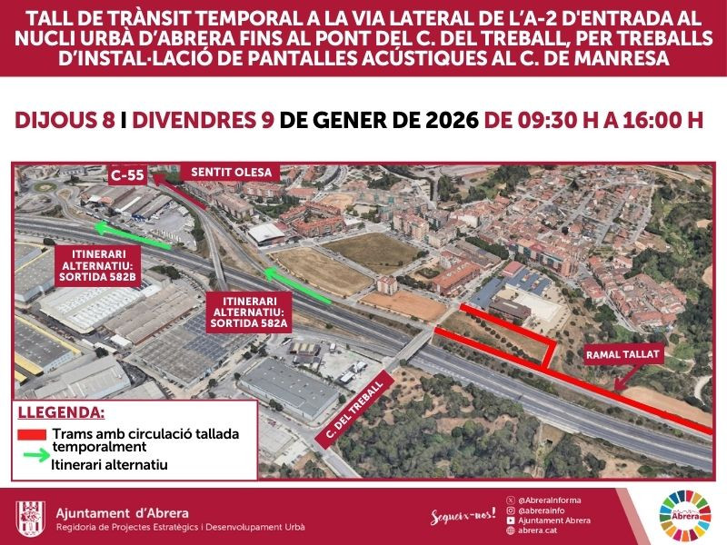 treballs d'instal·lació de noves pantalles acústiques al carrer de Manresa - Dijous 8 i divendres 9 de gener queda tallada temporalment, en horari diürn, la via lateral d'accés a Abrera fins al pont del Treball