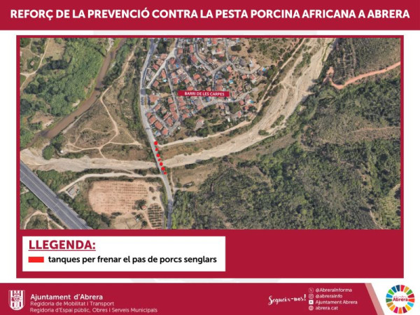 Reforç de la prevenció contra la pesta porcina africana a Abrera amb noves tanques per frenar el pas de porcs senglars