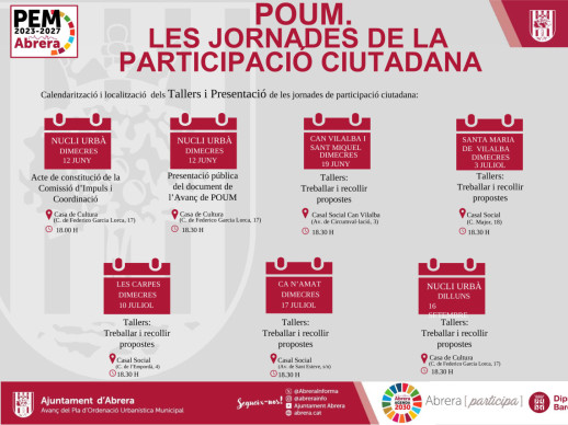 Avanç del POUM. Calendari de les jornades de participació ciutadana