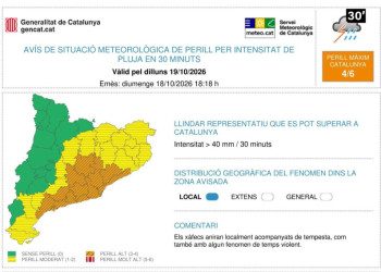Previsió pluges intenses. Dilluns 19 d'octubre 2026