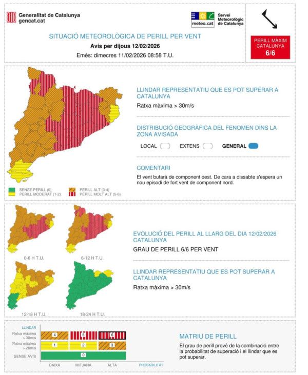 Avís fort vent per dijous 12 de febrer de 2026