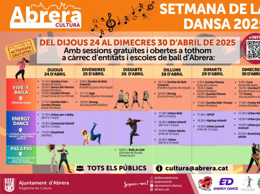 A Abrera celebrem la Setmana Internacional de la Dansa, del dijous 24 d'abril al dimecres 30 d'abril, amb diferents masterclass gratuïtes! Consulteu la programació!