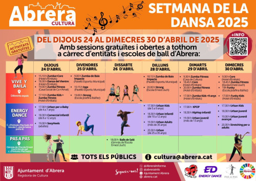 A Abrera celebrem la Setmana Internacional de la Dansa, del dijous 24 d'abril al dimecres 30 d'abril, amb diferents masterclass gratuïtes! Consulteu la programació!