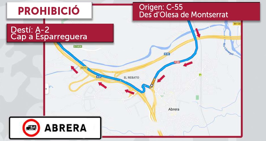 Prohibició de la circulació de vehicles pesants de més de 5,5 tones provinents de la C-55 des d'Olesa de Montserrat cap a l'A-2 sentit Esparreguera