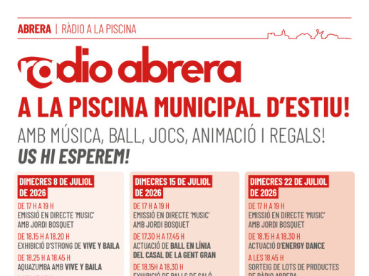 Ràdio Abrera torna a la Piscina Municipal d'Estiu aquest mes de juliol, amb música, ball, jocs, animació i regals, i amb la col·laboració de diverses entitats del nostre municipi!