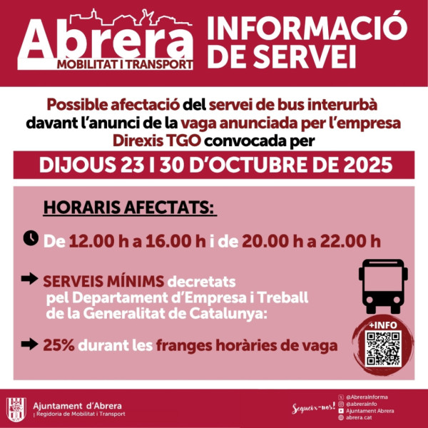 Possible afectació del servei de bus interurbà davant l'anunci de la vaga de l'empresa DIREXIS TGO, a partir de demà dijous 23 d’octubre - desembre