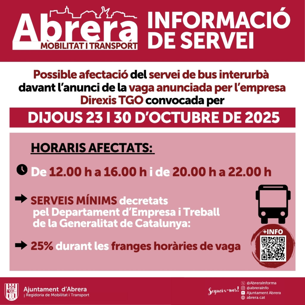 Possible afectació del servei de bus interurbà davant l'anunci de la vaga de l'empresa DIREXIS TGO, a partir de demà dijous 23 d’octubre - desembre