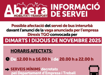 Possible afectació del servei de bus interurbà davant l'anunci de la vaga de l'empresa DIREXIS TGO, a partir de demà dijous 23 d’octubre - novembre