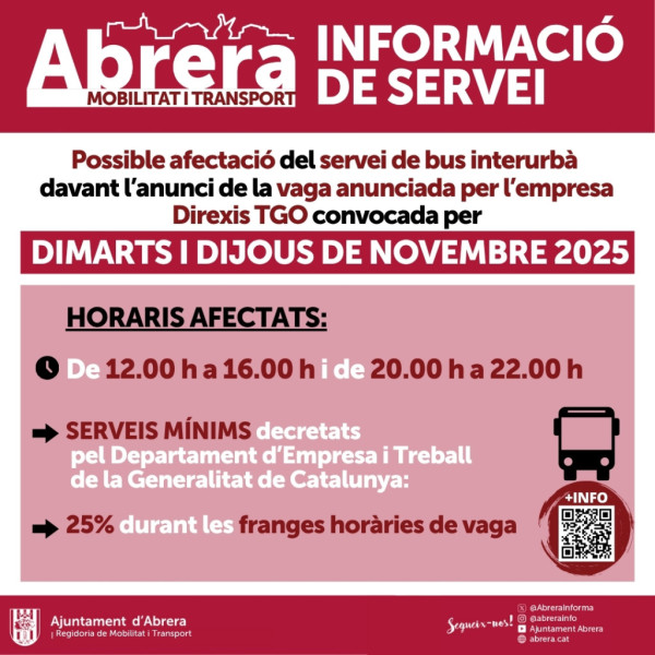 Possible afectació del servei de bus interurbà davant l'anunci de la vaga de l'empresa DIREXIS TGO, a partir de demà dijous 23 d’octubre - novembre