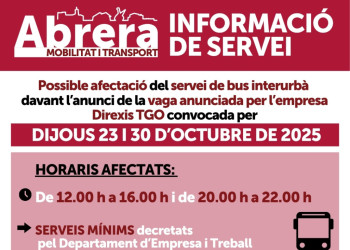 Possible afectació del servei de bus interurbà davant l'anunci de la vaga de l'empresa DIREXIS TGO, a partir de demà dijous 23 d’octubre - octubre