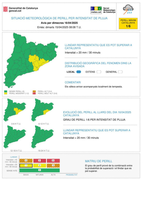 Consells de prevenció davant la previsió de pluges intenses que podrien afectar Abrera, aquest dimecres 16 d'abril de 2025