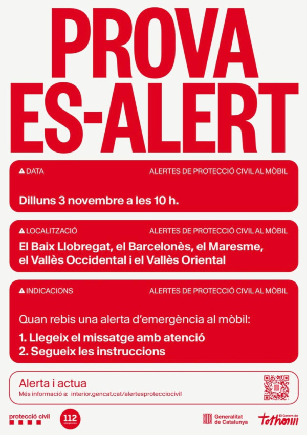 Protecció Civil farà una prova del sistema d'alertes als telèfons mòbils de les comarques de la Demarcació de Barcelona, com el Baix Llobregat, el dilluns 3 de novembre a les 10 h