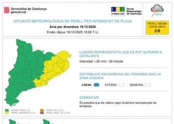 Avís de fortes pluges pel divendres 19 de desembre de 2025