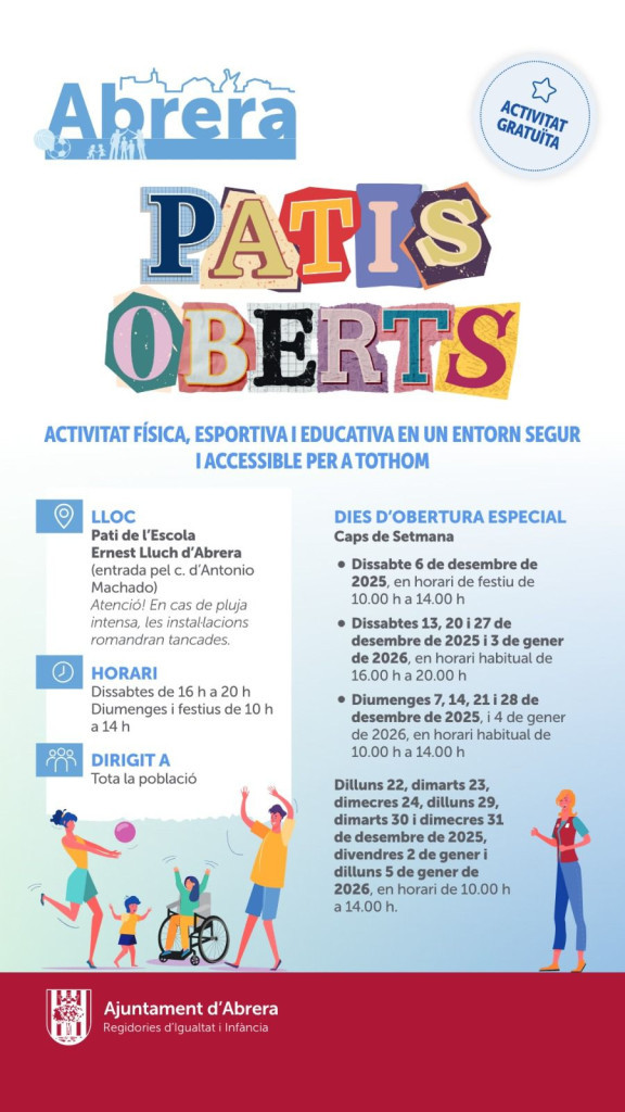 Horaris de l'activitat de 'Patis Oberts' a l'Escola Ernest Lluch d'Abrera