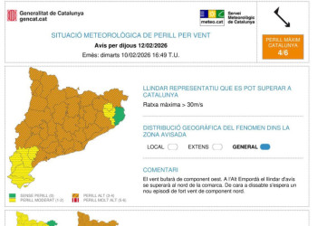 Avís per fort vent per dijous 12 de febrer de 2026