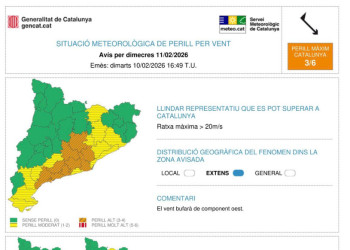 Avís per fort vent per dimecres 11 de febrer de 2026